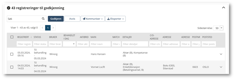 Flere muligheter for manuell godkjenning av innkommende registreringer