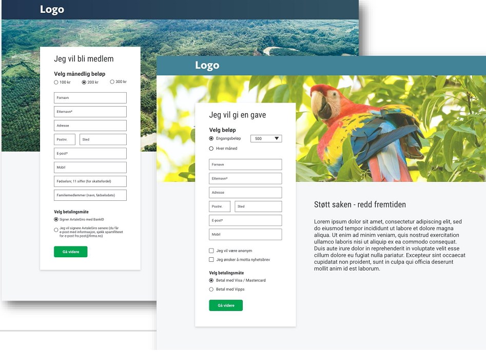 Landingssider for innmelding og gi gave